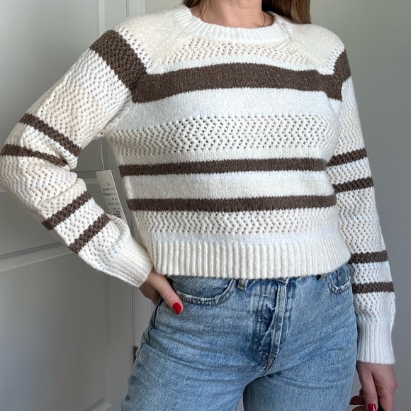 Open Knit Varigated Stripe Crew Neck Pullover Sweater - Picture 5 of 10